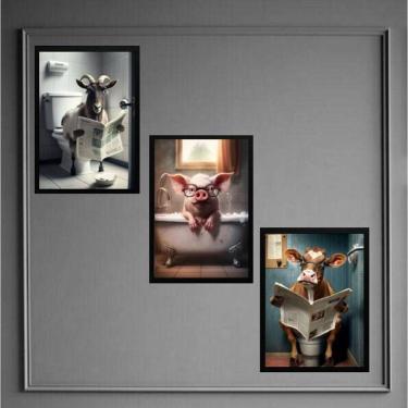 Imagem de Kit 3 Quadros Divertidos Banheiro Fazenda 33X24Cm - Vidro