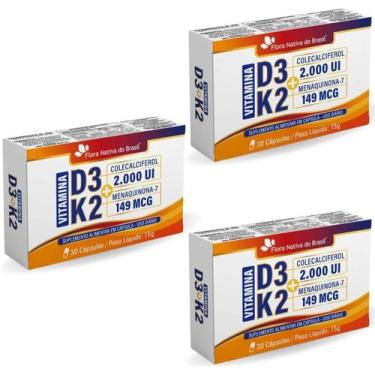 Imagem de 3x Vitaminas D3 + K2 30Caps (2000UI D3 e 149mcg K2) 500mg - Flora Nati