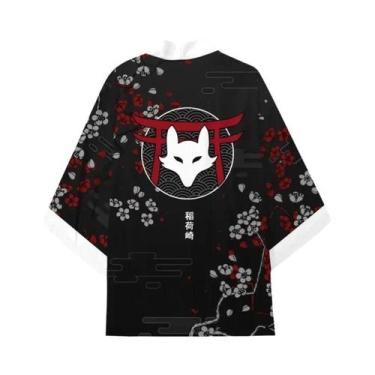 Imagem de Kimono Feminino Leve Com Estampa De Raposa Inari, Manga 3/4, Frente Ab