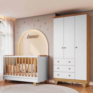Imagem de Quarto de Bebê com Guarda-roupa 3 Portas e Berço 4em1 Minicama Zuri em MDF Móveis Peroba - Branco Brilho/Amendoa