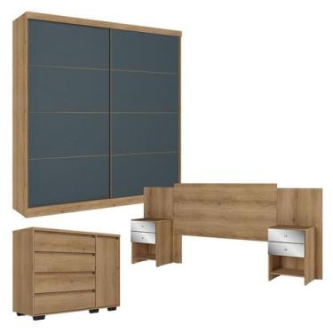 Imagem de Guarda Roupa Casal Malaga 2 Portas Capuccino Azul com Cômoda com Porta