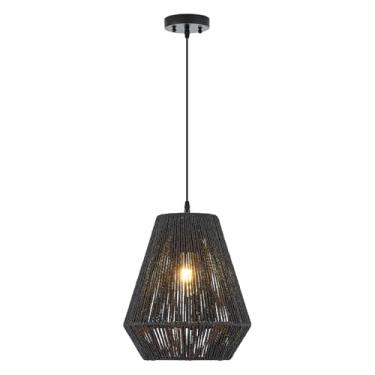 Imagem de MhyTogn Mini lustre Boho de 33 cm Tecido à Mão em Rattan Preto Fosco Clássico Pendente para Ilha de Cozinha Sala de Jantar Corredor, Listado UL