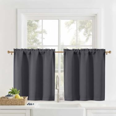Imagem de OVZME Cortinas de cozinha cinza carvão 76 cm de comprimento - Cortinas de janela pequenas com filtragem de luz camadas para cozinha sobre pia, tratamentos de meia janela, cortinas curtas, 2 painéis