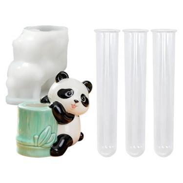 Imagem de Conjunto de moldes de resina hidropônica de panda de desenho animado, 3 suportes transparentes para plantas de tubo de ensaio com molde de silicone panda para estação de propagação de plantas de