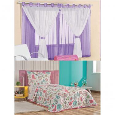 Imagem de Cortina Juvenil Quarto Menina E Colcha Matelada Coruja - Lilás - 100% Poliéster