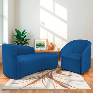 Imagem de Kit Sofá Curvo França 140cm Ld. E Poltrona Luiza Max Conforto, Elegância E Design Moderno Linho Azul Royal