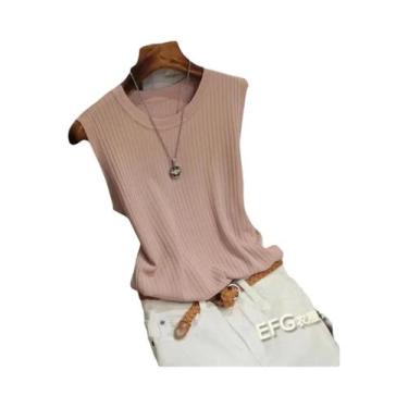 Imagem de Blusa sem mangas de verão feminina, blusa de malha com gola redonda, r