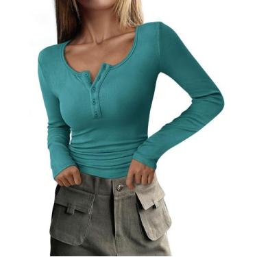 Imagem de Camiseta PRETTYGARDEN 2025 Outono Manga Longa Henley Malaquita XXL