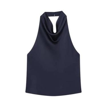Imagem de Top Halter De Cetim Feminino Preto E Amarelo Sem Mangas Para O Verão -