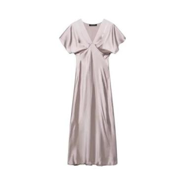 Imagem de Vestido Midi De Cetim Preto, Caqui E Azul Para Mulheres, Com Babados, 