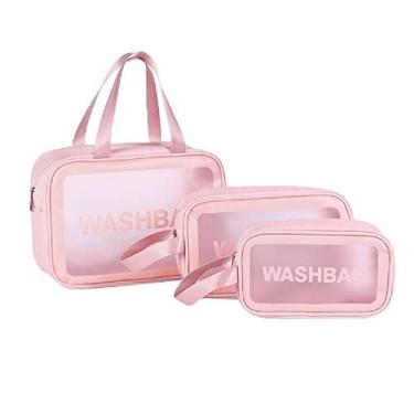 Imagem de Necessaire Grande Transparente Remédios Cosmético Banheiro Cor:Rosa