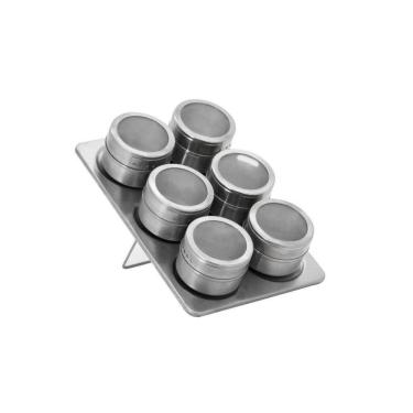 Imagem de Porta Condimentos Aço Inox Suporte Imã 6 Peças - Mimo Style