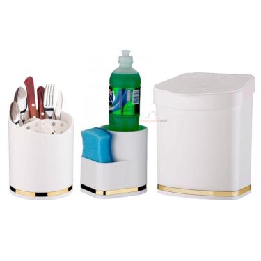 Imagem de Kit Cozinha 3 Peças Lixeira 2,5L Organizador Porta Detergente Esponja Escorredor Talheres Pia Branco Dourado - Future