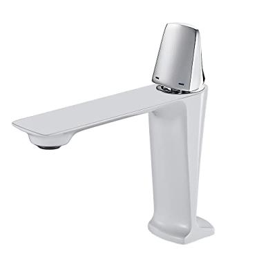 Imagem de Torneira de pia de pia de banheiro branco cromado misturador de água fria e quente torneira de banheiro de manípulo único, 6