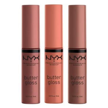 Imagem de NYX PROFESSIONAL MAKEUP Açúcar mascavo brilhante de manteiga, brilho labial não pegajoso - Pacote com 3 (alto teor de açúcar, caramelo pontiagudo, caramelo)