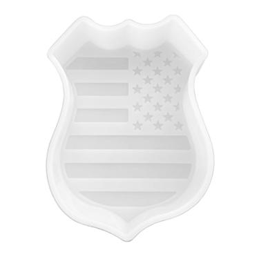 Imagem de Lashicorn Crachá de polícia com molde de silicone Freshie da bandeira americana | Tamanho 8,9 cm de largura x 12,2 cm de comprimento x 2,5 cm de profundidade | Design de crachá policial para