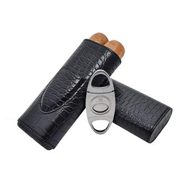 Imagem de 69Bourbons Leather Cigar Case - Suporte Para Tabaco De 2 Dedos, Para Charutos Até 52 Ring Gauge - Umidificador Portátil De Bolso Com Cortador De Charutos Em Aço Inoxidável E Padrões De Pele De Crocodilo - Presente Para Fumantes – Preto