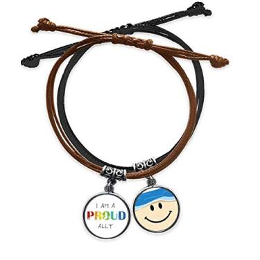 Imagem de DIYthinker Pulseira LGBT Bandeira de Arco-íris Orgulhosa Pulseira Corda Mão Corrente de Couro Rosto Sorrindo