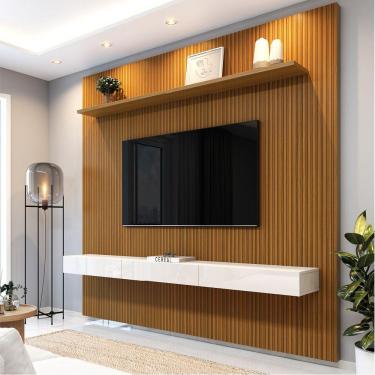 Imagem de Painel  Para Tv Até 75 Polegadas Ripado Impressão 3D Egeo Com Nicho 2,25m Cedro Off White EDN