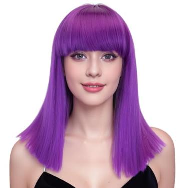 Imagem de IMISSU Peruca cosplay de cabelo curto corte natural com franja reta fantasia de festa de Halloween perucas para mulheres (Roxo)