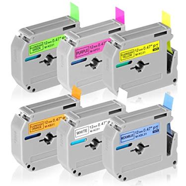 Imagem de 6 fitas de etiqueta de substituição compatíveis com cores fluorescentes para Brother P Touch M Tape 12 mm 0,47 M compatível com P-Touch PT-M95 PT-90 PT-70 PT-65 PT-85 Refis de etiquetador