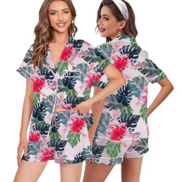 Imagem de 3 peças de pijama de seda PP-4GG feminino pijama de cetim curto floral pijama noiva macio pijama conjunto de shorts, Rosa nude - a16, XXG