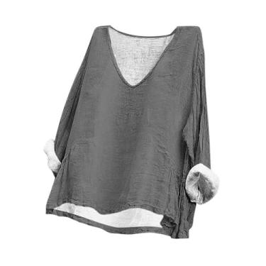 Imagem de Camisetas femininas plus size gola V manga comprida linho cor sólida para sair 2024 verão casual blusas elegantes túnicas, Cinza, XXG