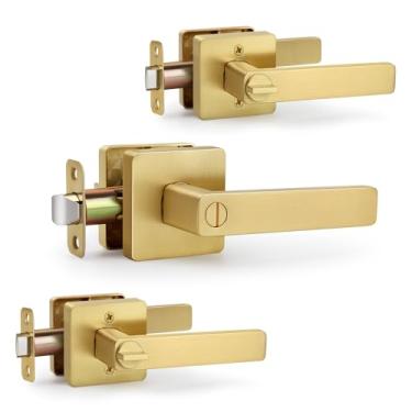 Imagem de LOQRON Maçaneta de porta quadrada de privacidade, maçaneta de porta resistente dourada escovada com trava de privacidade para porta de quarto e banheiro, pacote com 3 maçanetas reversíveis para