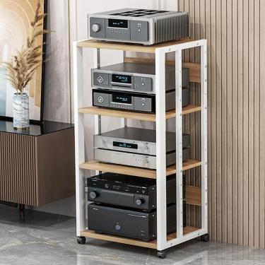 Imagem de Suporte de mídia AV móvel de 3/4/5 camadas Prateleira de canto Suporte para CD Player Gabinete de armazenamento de componentes estéreo Torre de rack de áudio com prateleiras de madeira ajust