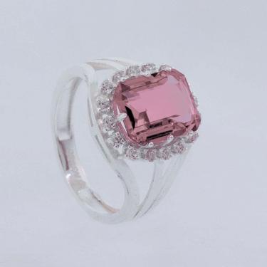 Imagem de Anel de Prata Coleção Queens Cristal Safira Rosa 8x10 e Zircônias Brancas