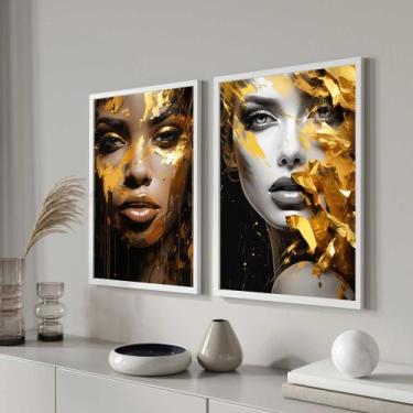 Imagem de Conjunto Quadros Decorativos com Moldura  Salão Beleza Mulheres Dourad