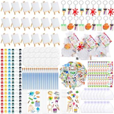 Imagem de HyDren Lembranças de festa de pintura incluem mini conjunto de tinta aquarela pequena tela de pintura com paleta de cavalete adesivos de tinta adesivos de tatuagem chaveiro para festa de arte de