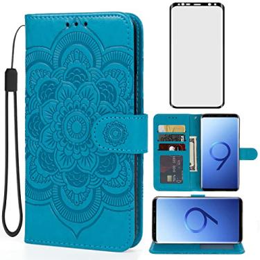 Imagem de Bohefo Capa carteira para Galaxy S9 Plus/Samsung S9+ G965U com protetor de tela de vidro temperado, capa flip de couro mandala em relevo com suporte para cartão de crédito para Samsung Galaxy S9 +