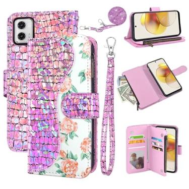 Imagem de Dibosom Capa carteira floral para Motorola Moto G73 5G com alça de pulso alça de ombro flip zíper bolsa porta-cartão, suporte de couro PU de luxo brilhante brilhante brilhante capa de celular para G