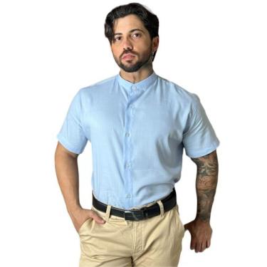 Imagem de Camisa Gola Padre Masculina Social Slim Fit Manga Curta Envio Imediato