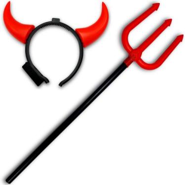 Imagem de Kit Tridente e Chifrinho De Diabinho Com Led Halloween Carnaval - LePl
