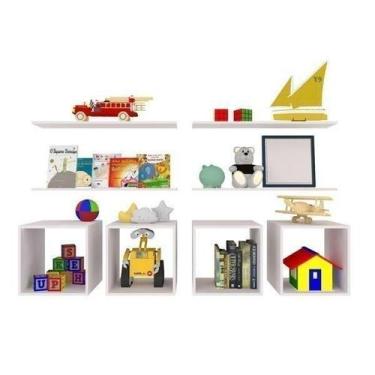 Imagem de Conjunto 4 Nichos e 4 Prateleiras Kit Cubos Bramov Móveis Branco