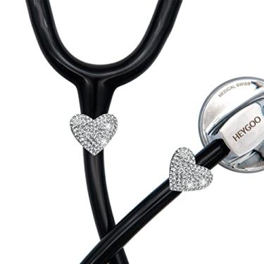 Imagem de HEYGOO 2 Amuletos de Estetoscópio Spark Bling Love Heart, Amuleto de Etiqueta de Identificação de Estetoscópio Personalizado, Amuleto de Estetoscópio de Enfermeira Rn Prateado para Littman e Muito Mai