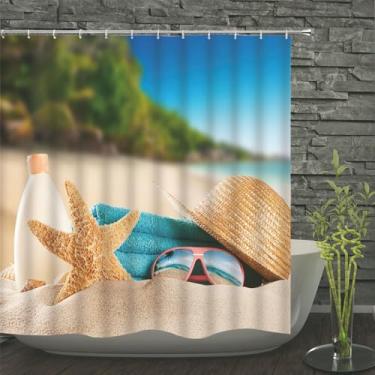 Imagem de Cortinas de chuveiro à prova d'água estampadas com conchas do mar e ondas do mar, cortina de banho, tela de banho de poliéster com 12 ganchos, JWW214, 210x180cm