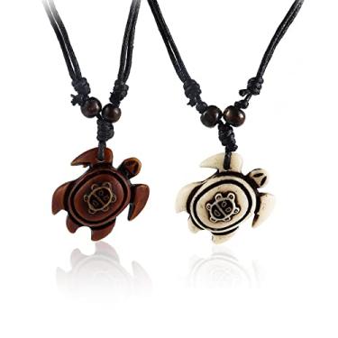 Imagem de 2 colares com pingente de tartaruga marinha esculpida em osso artificial - Colar de medalhão de tartaruga Yin Yang - Amuleto de mascote da sorte de animal havaiano para mulheres e homens, Metal, osso