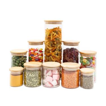 Imagem de kit de 10 potes de vidro com tampa de bambu hermético redondo mantimen