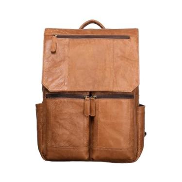 Imagem de Mochila de couro para homens Mochila de couro de grande capacidade Mochila de viagem masculina para laptop de 14 polegadas(Yellow)