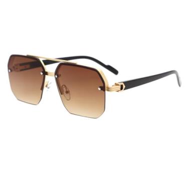 Imagem de Azoxus Óculos de sol grandes sem aro masculino retrô quadrado aviador óculos de sol modernos prata metal vintage lentes matizadas, Lente marrom gradiente/armação de metal dourado, Large