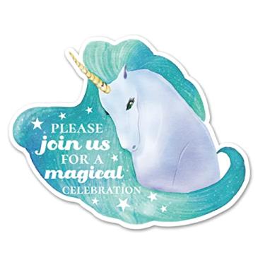 Imagem de Opomzk Convites de festa de unicórnio com envelopes, conjunto de 20 convites em forma de unicórnio, aniversário, chá de bebê, suprimentos para meninas, dupla face