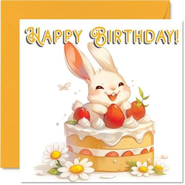 Imagem de Cartões de aniversário de coelho - Bolo de animal - Cartão de feliz aniversário para filho, filha, irmão, irmã, neto, neta, sobrinho, primo, 14 x 14 cm, cartões comemorativos de aniversário