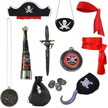Imagem de 10Pcs Pirate Accessories Set Role Play Captain Pirate Costume Decorations Pirate Hook Hat Telescope Headscarf Belt Eye Patch Halloween Costume