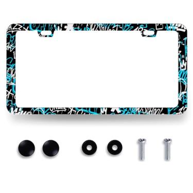 Imagem de Moldura de placa de licença de grafite de alfabeto abstrato suporte de placa de licença colorida acessório de carro de aço inoxidável decoração de carro placa de licença engraçada com parafusos 31 cm