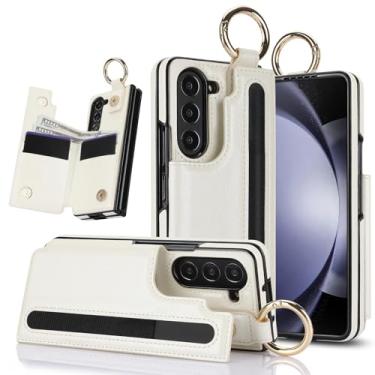 Imagem de Capa carteira para Samsung Galaxy Z Fold 6 com porta-cartões, compartimento para caneta e suporte de anel, capa de telefone resistente com fecho magnético de couro dobrável (branca)