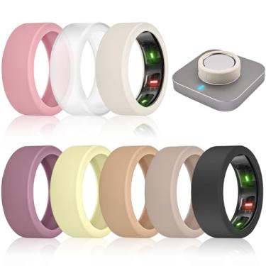 Imagem de Pacote com 8 capas de anel compatíveis com Oura Ring Gen 4/3 - carrega diretamente com a capa, protetor de silicone elástico de silicone para malhar (P, uva/rosa/amarelo/camelo/preto/cáqui/luz das