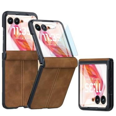 Imagem de Capa de couro para Motorola Razr 50 Ultra com proteção de dobradiça e protetor de tela externo integrado, capa de couro PU fosco à prova de choque antiarranhões para Motorola Razr+ 2024 (marrom)